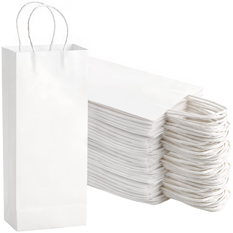 WUWEOT 50 Pack Paper Wine Bags Kraft Bag Bluk White Gift Shopping Party Bag Recyclable Retails Wrapping Bags with Handle 54 x 33 x 13